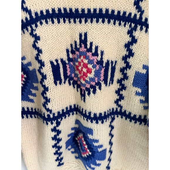 Hand-Knitted Shetland Wool Sweater By Susann D M Cream Blue Pink Aztec Tribal - - Picture 7 of 9